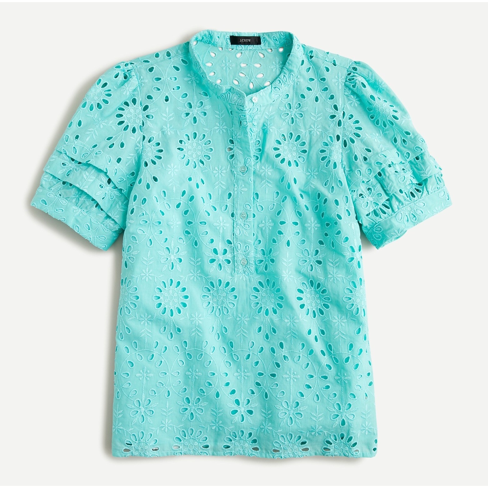New J. Crew Womens Puff-Sleeve Popover Top In Eyelet Size M Aqua Blue Feminine